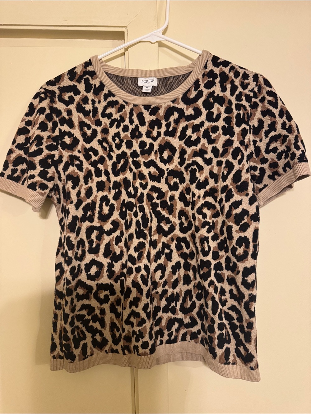 J. Crew Short Sleeve Sweater-like Leopard Print Shirt in Beige and Black